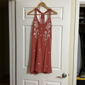 Coral w/ Floral Embroidery Low Cut Back Dress